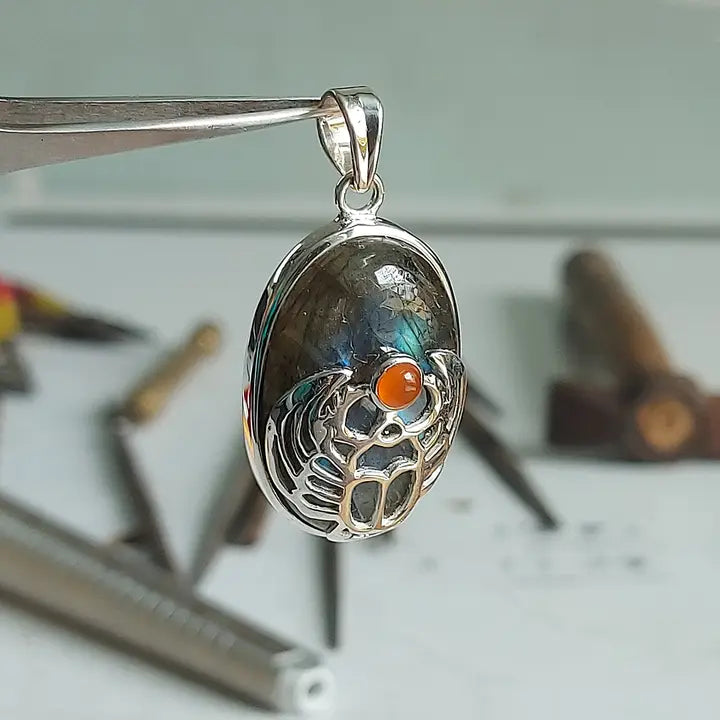 Labradorite Scarab with Carnelian Attached Mystical Life Sterling Silver Pendant