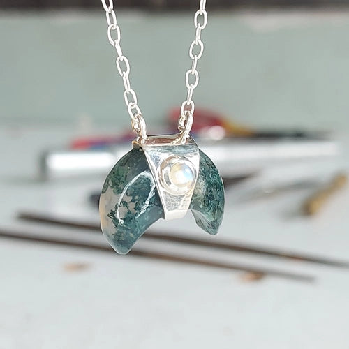 Moss Agate Moonstone Crescent Moon Sterling Silver Necklace