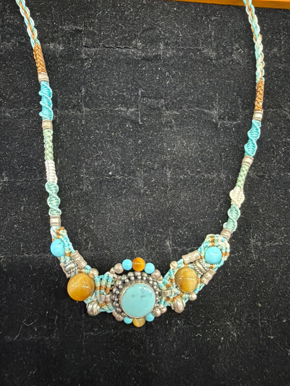 Turquoise Cats Eye Tribal Necklace .925 Silver Indonesian Handmade