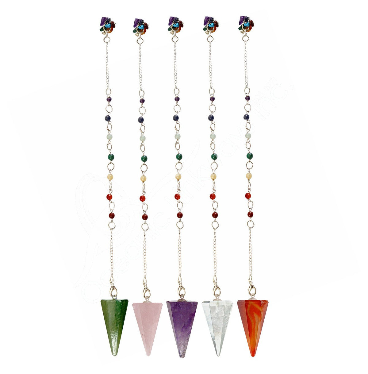 HEXAGONAL MIXED STONES CHAKRA CHAIN WITH CHIPS 10″L - PENDULUM