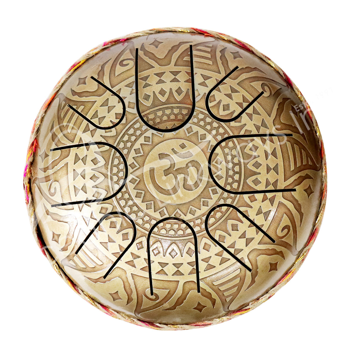 HAPPY DRUM – IRON, GOLD ANTIQUE OM 8.5″DIA.