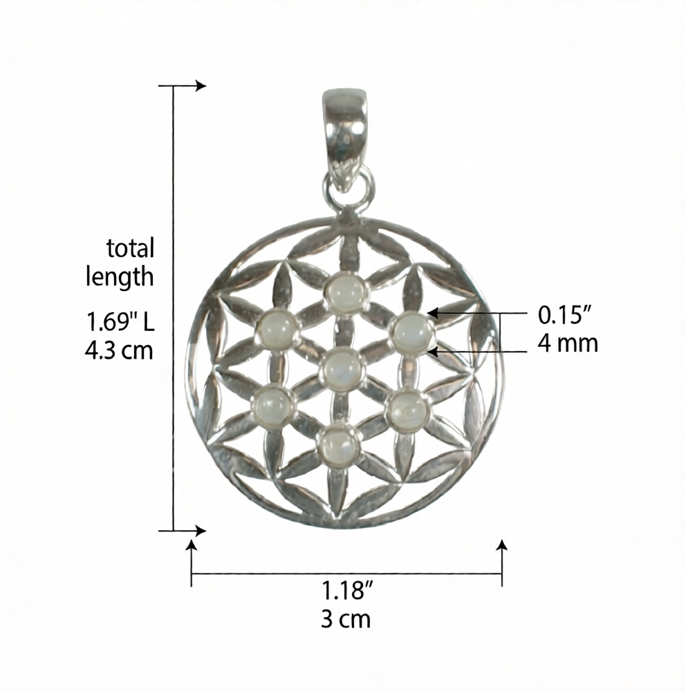 Flower Of Life W/ Rainbow Moonstone Sterling SIlver 1" Pendant