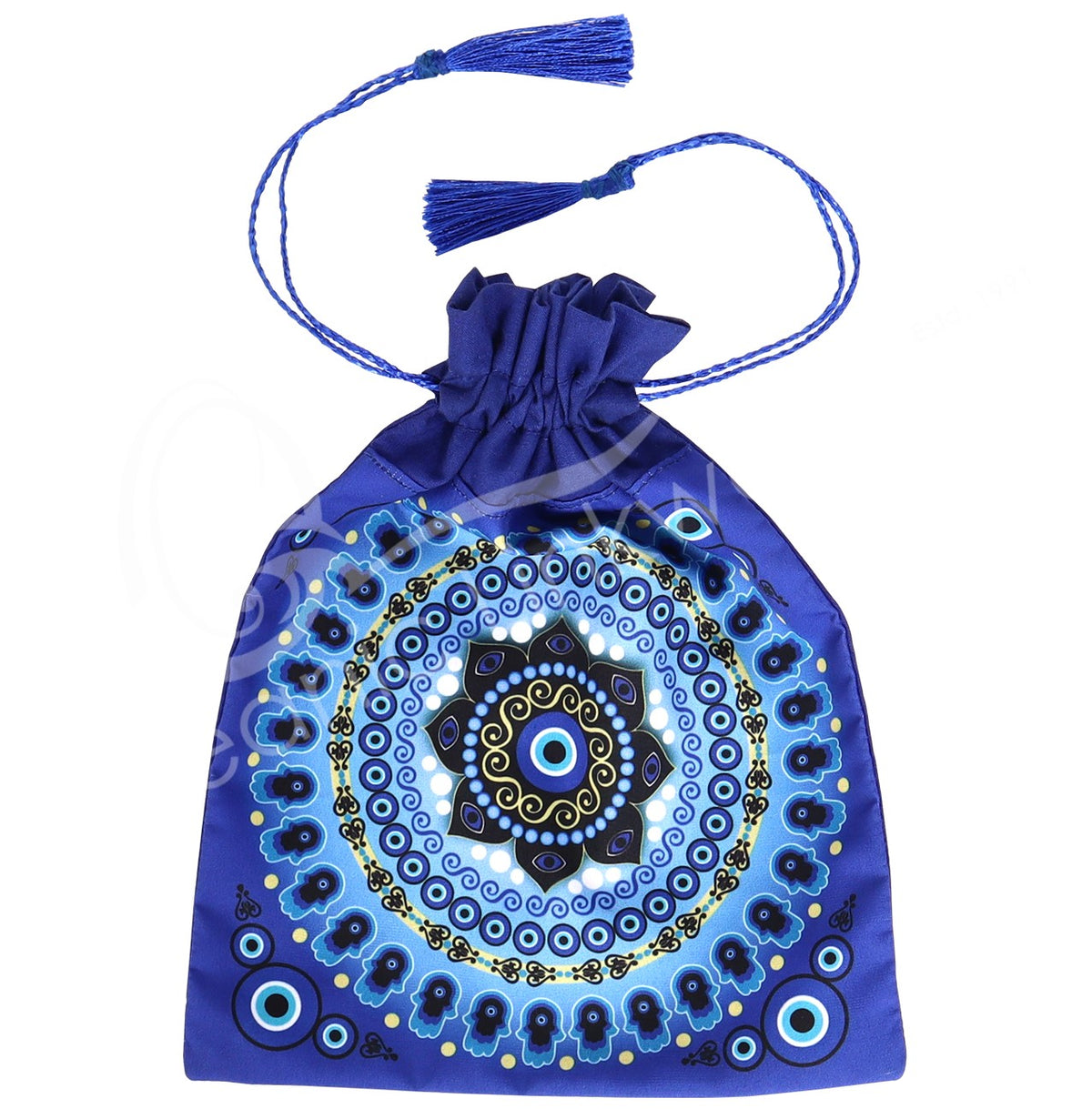 BLUE EVIL EYE MANDALA WITH TASSELS 6 X 8″ PRINTED BAG