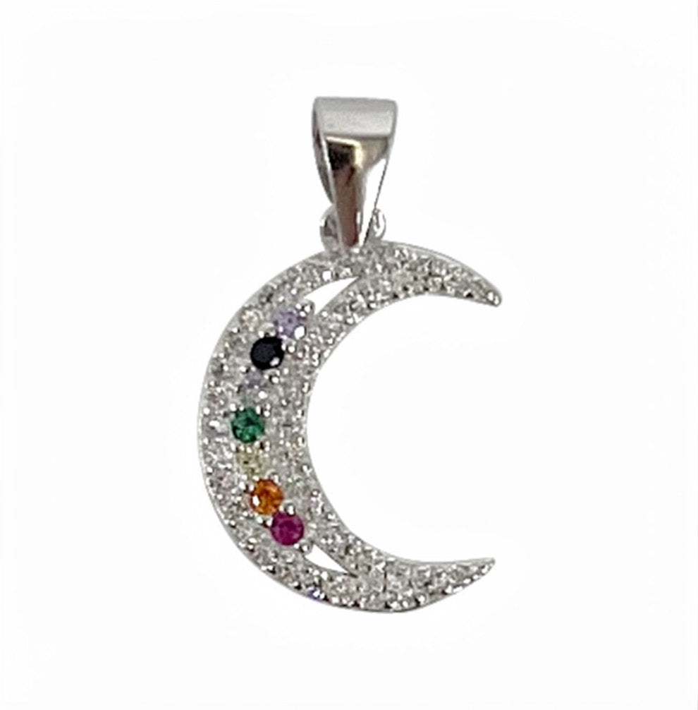 Chakra Moon W/ Cubic Zirconia Sterling Silver .75" Pendant