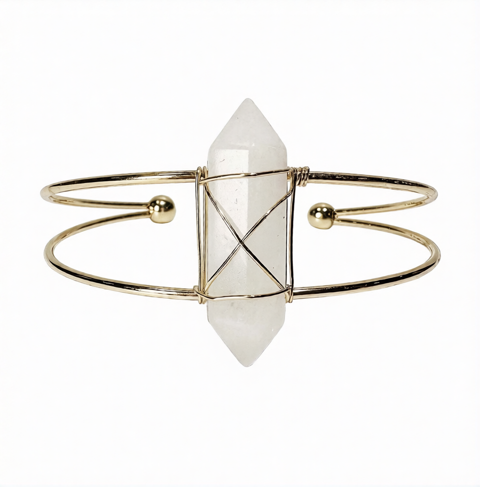 Clear Quartz D/T Point Wrapped Brass Gold Metal Cuff 2 Wire Bracelet