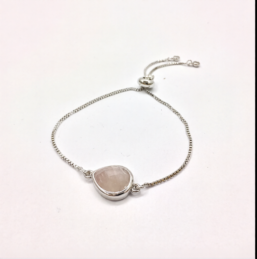 Rose Quartz Faceted Drop Silver Plated Brass Chain Adjustable Chain Bracelet