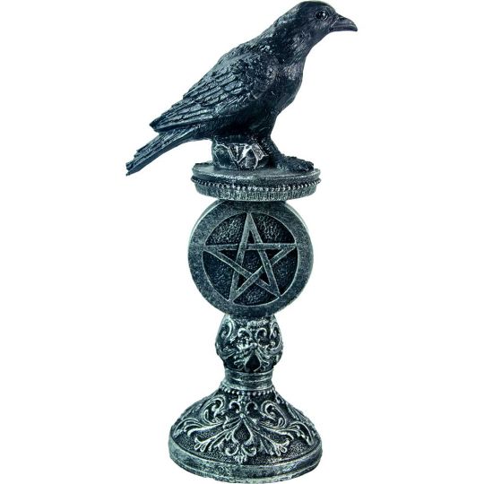 Raven On Pentacle Pedestal Antique Silver Polyresin Statue