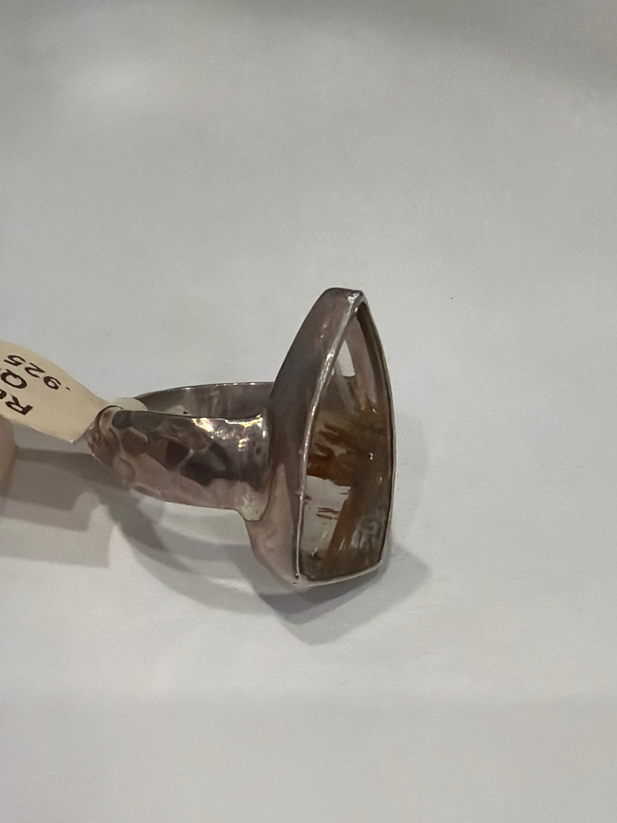 Rutilated Quartz Drop Cab Framed Beated Band.925 Sterling Silver Ring Size 7