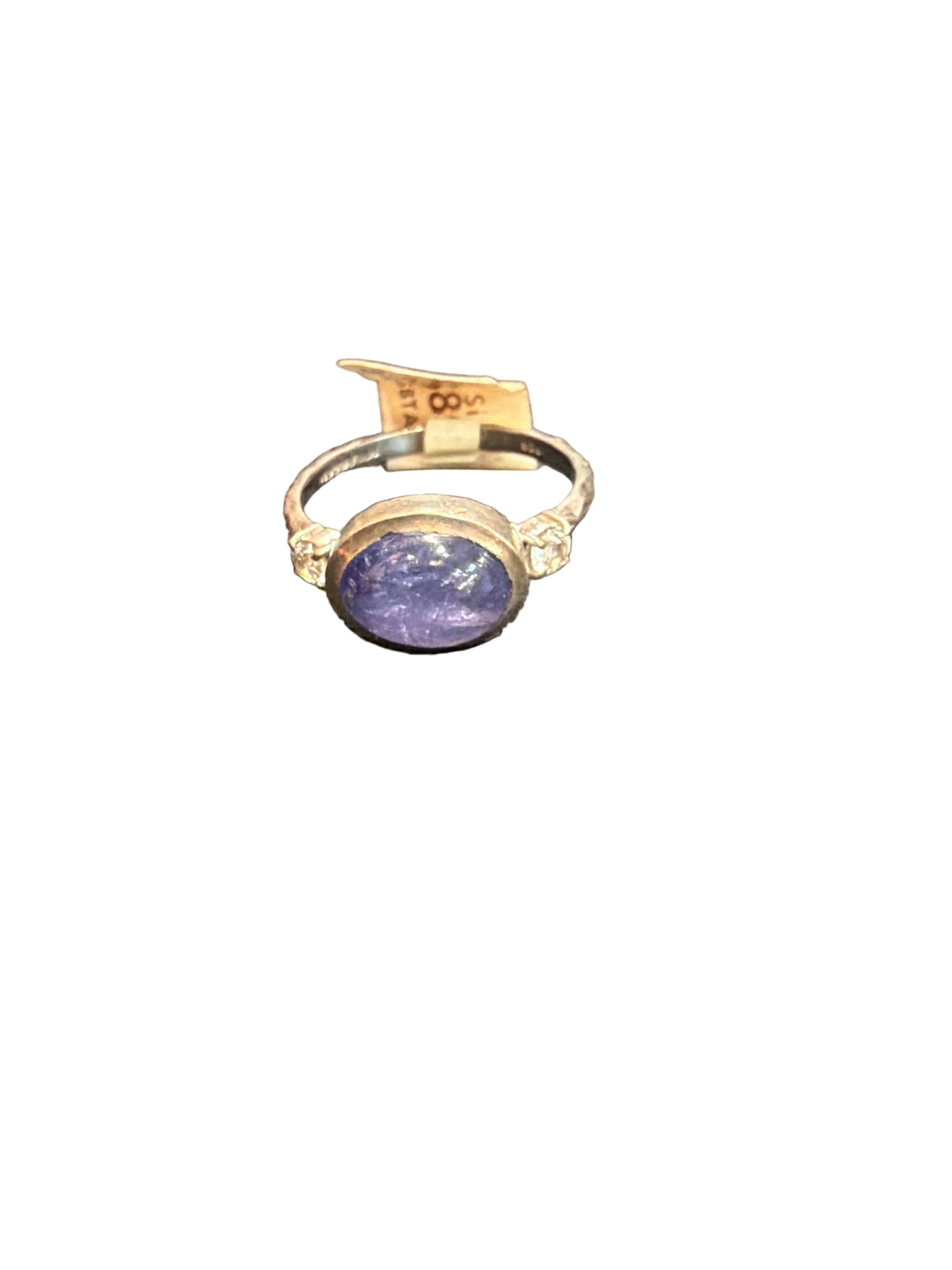 Tanzanite Oval W/ Faceted Accent White Topaz Beated Band .925 Sterling Silver Ring Size 9