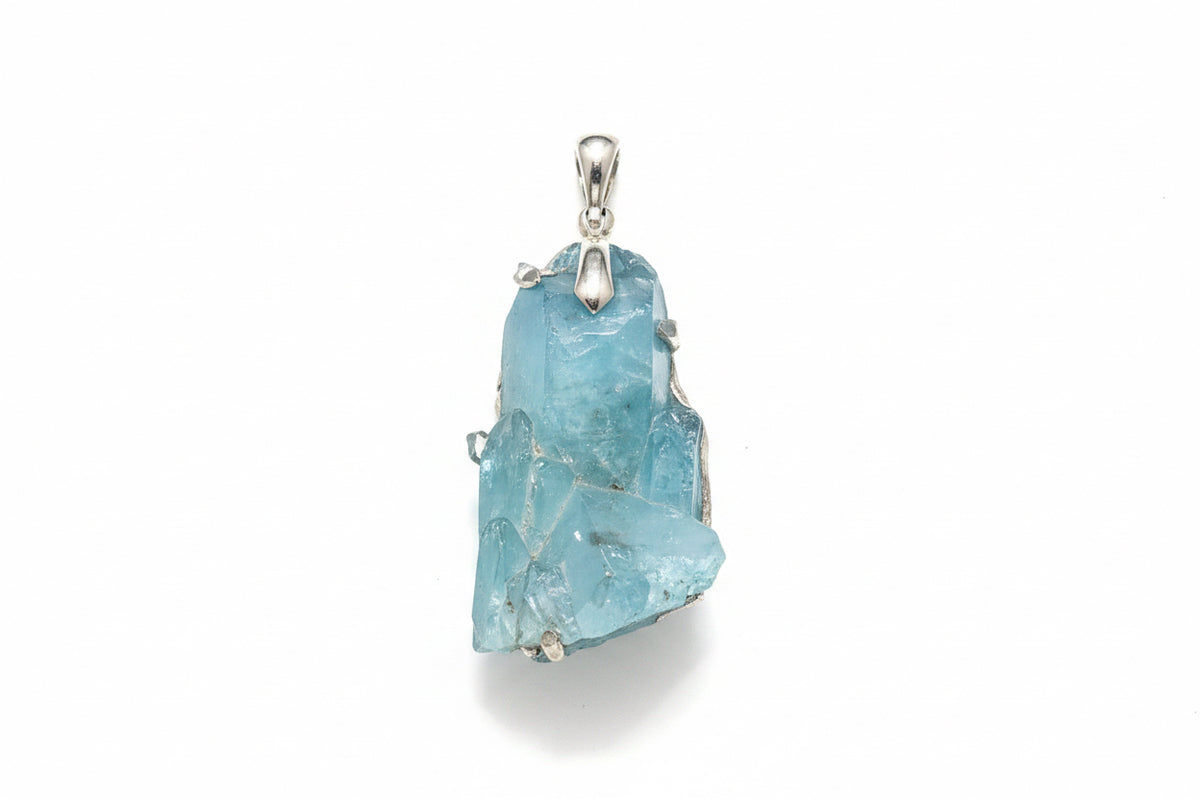 Aqua Aura Quartz Cluster Point Clip Set Sterling Silver Pendant