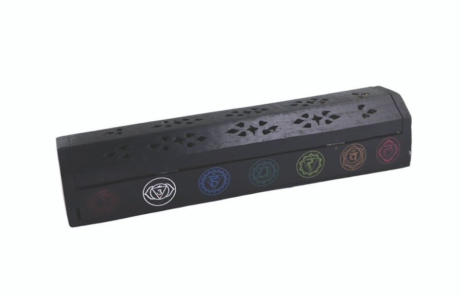 BLACK 7 CHAKRAS WOODEN INCENSE COFFIN BOX (12″)