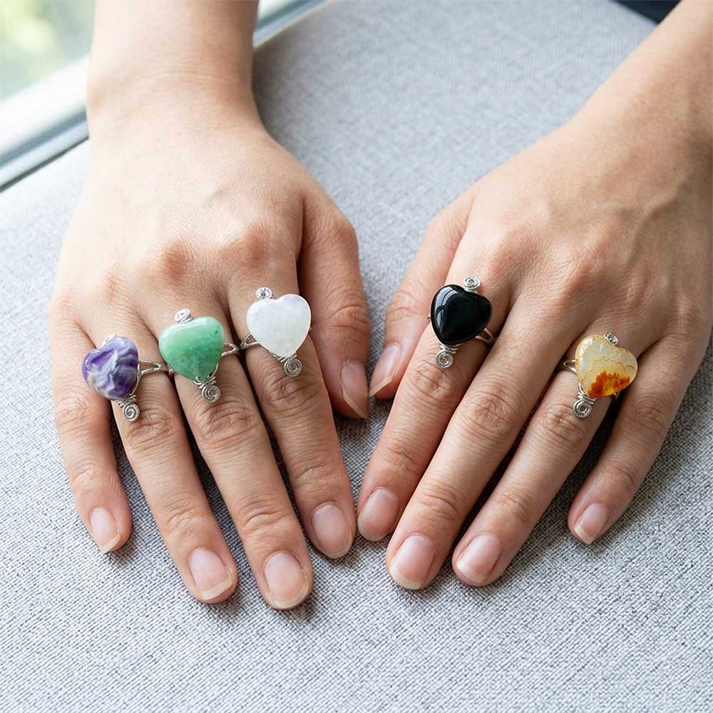 Gemstone Adjustable Heart Wrapped Natural Stone Rings