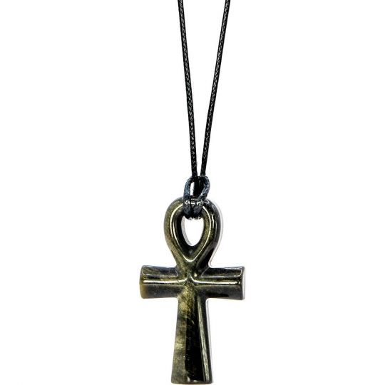 Goldsheen Obsidian 55MM Gemstone Egyptian Ankh Black Cord Adjustable Necklace -