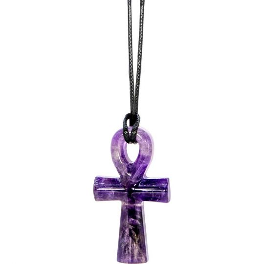 Amethyst 55MM Gemstone Egyptian Ankh Black Cord Adjustable Necklace