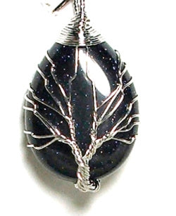 Blue Goldstone Wire Tree Of Life Tear Drop Pendant