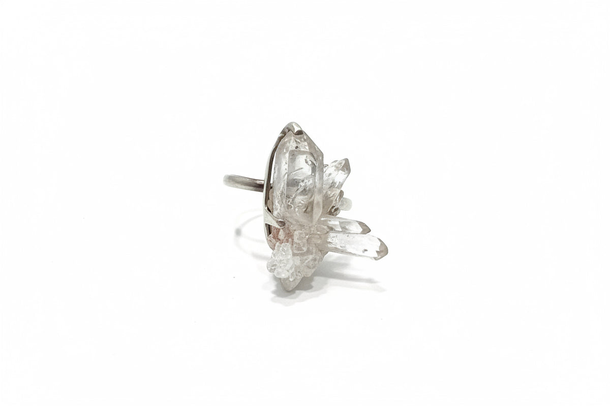 Rutilated Quartz Quartz Cluster Claw Set Beated Band Sterling Silver Ring Size 9