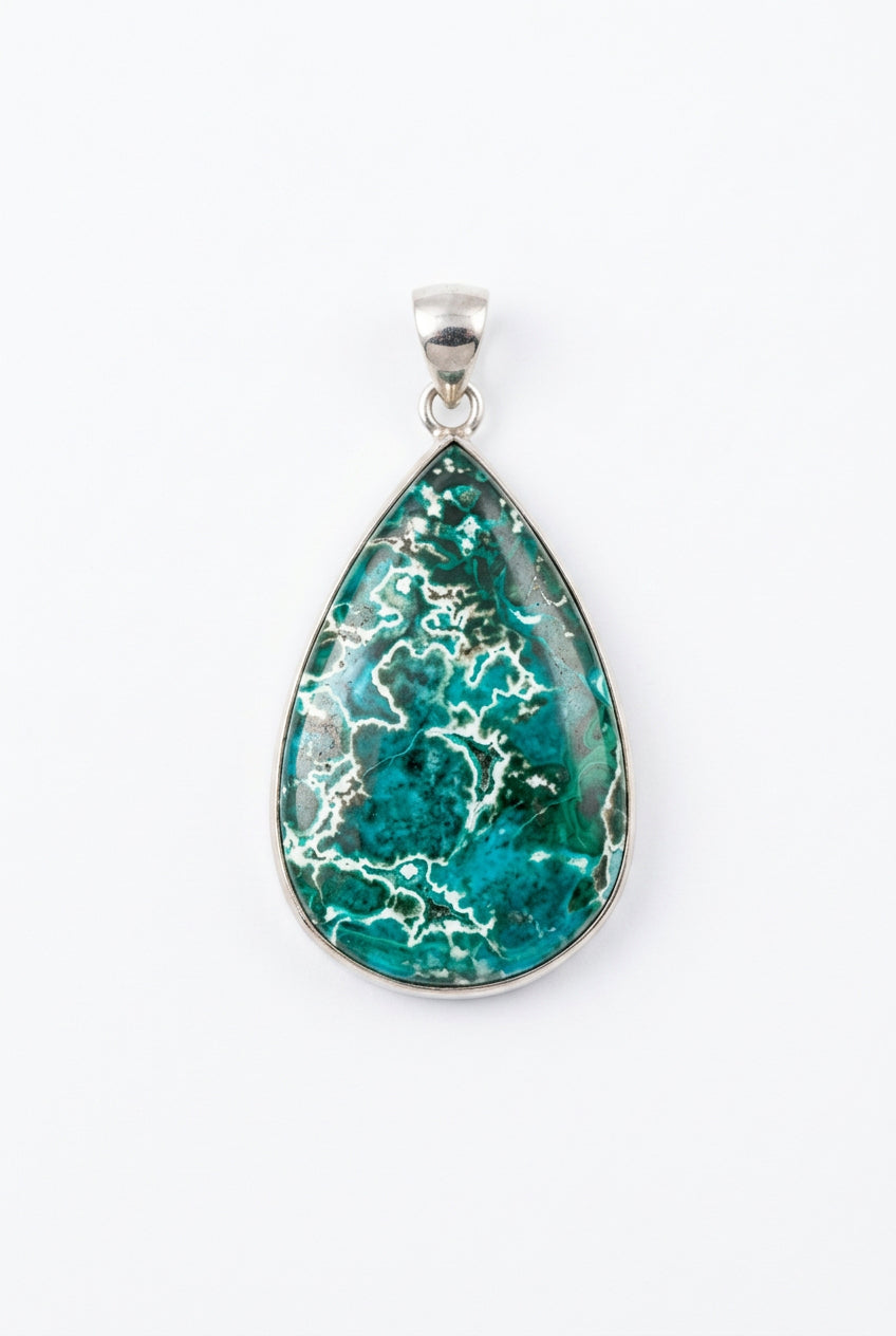 Chrysocolla Gem Silica with Druze Large Drop Sterling Silver Pendant