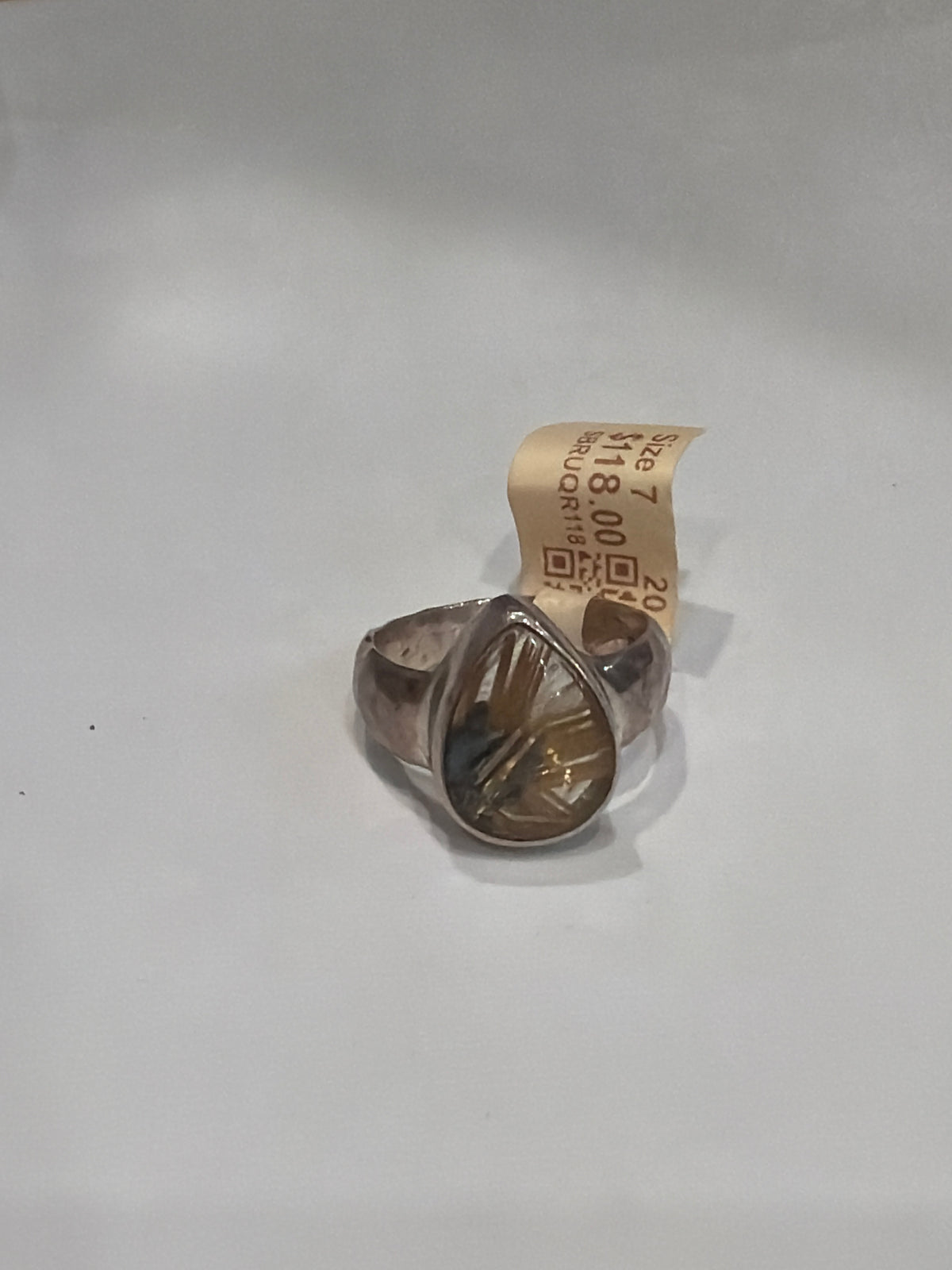 Rutilated Quartz Drop Cab Beated Band.925 Sterling Silver Ring Size 7