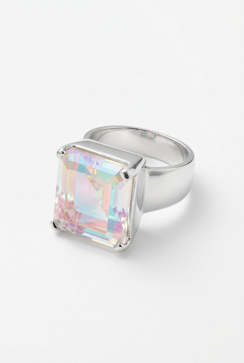 Angel Aura Dichroic Glass Faceted Square .925 Silver Ring Size 10