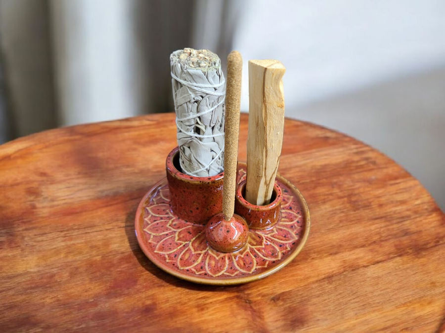 Red Ceramic Burner Style # 20E - 5" (Smudge Stick, Palo Santo Wood & Incense Burner)