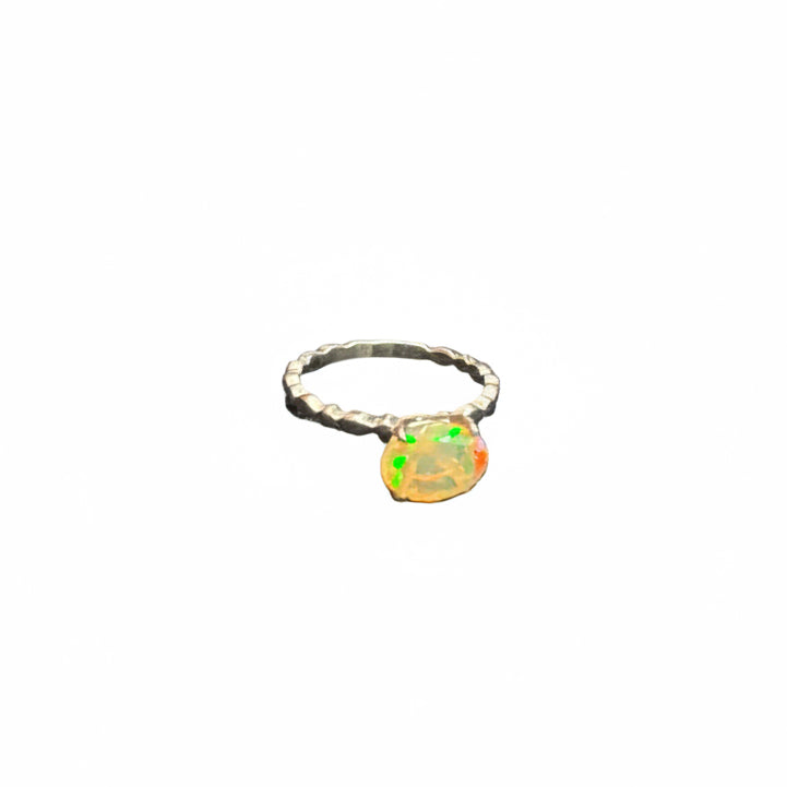 Ethiopian Opal Faceted Oval Claw Set Beaded Band Sterling Silver Ring