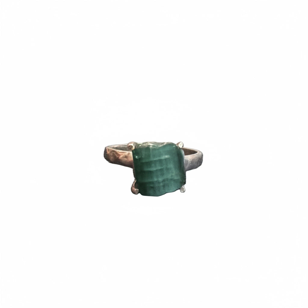 Green Tourmaline Natural Polished Claw Set Beated Band .925 Sterling Silver Ring Size 9