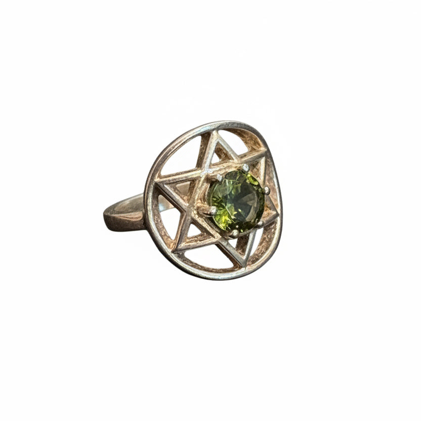 Moldavite Star David .925 Sterling Silver Ring Size 9