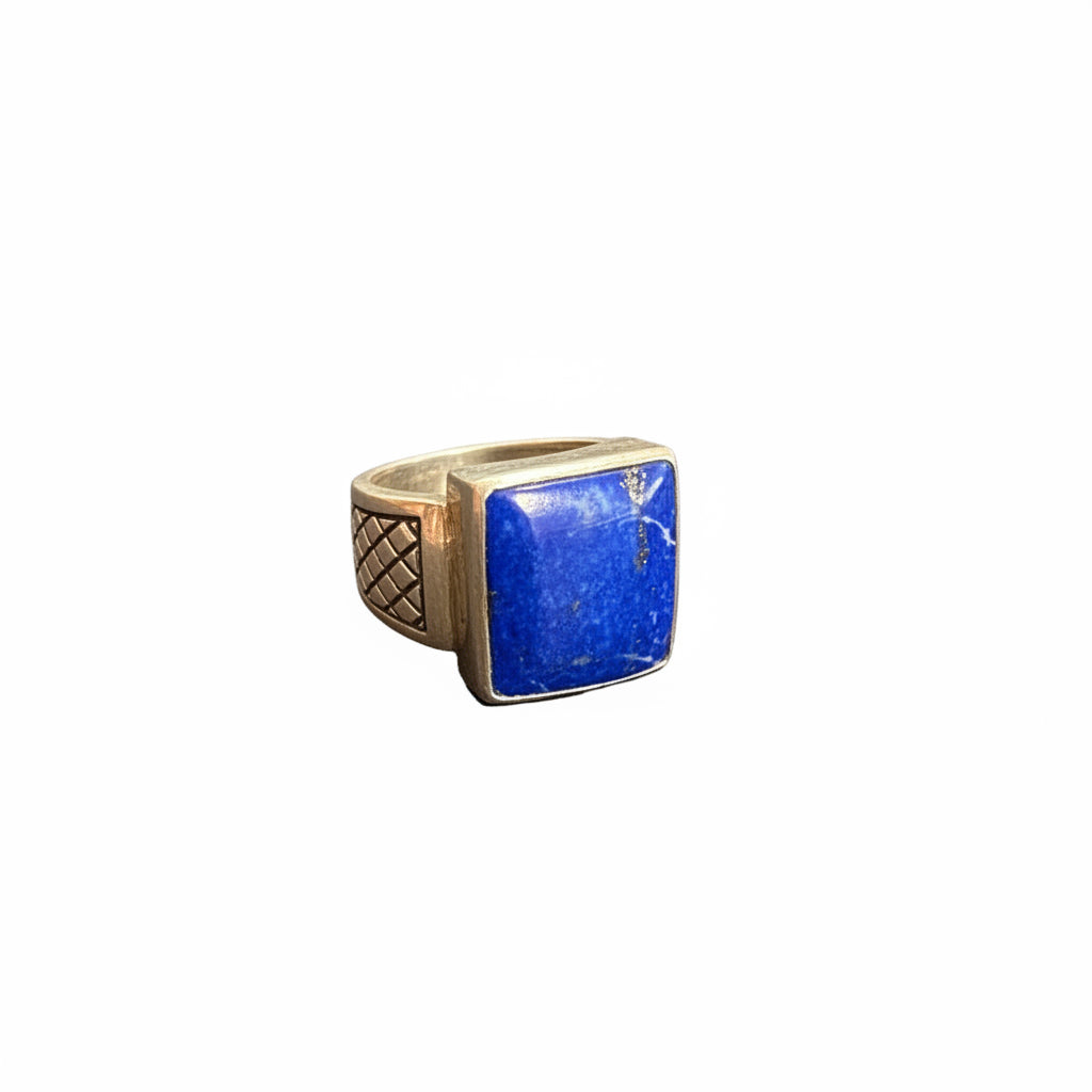 Lapis Lazuli Rectangle Cab Carved Band .925 Sterling Silver Ring Size 12