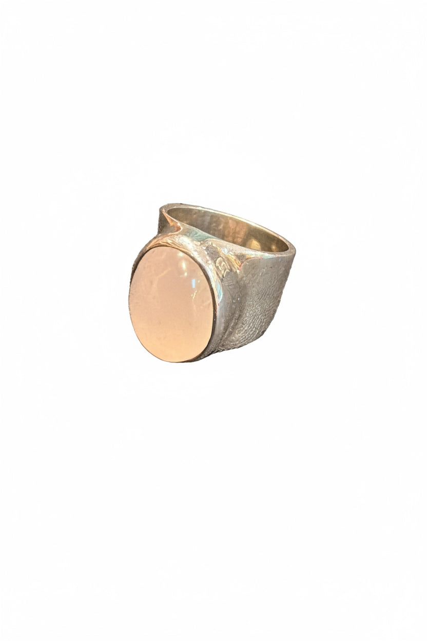 Rose Quartz Oval Cab Wide Band Sterling Silver Ring Size 8