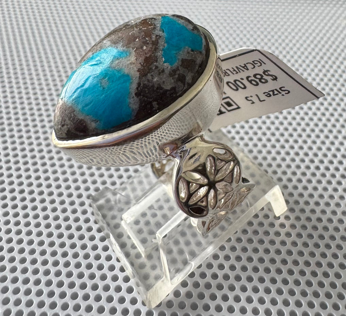 Cavansite Flower of Life .925 Silver Ring Size 7.5