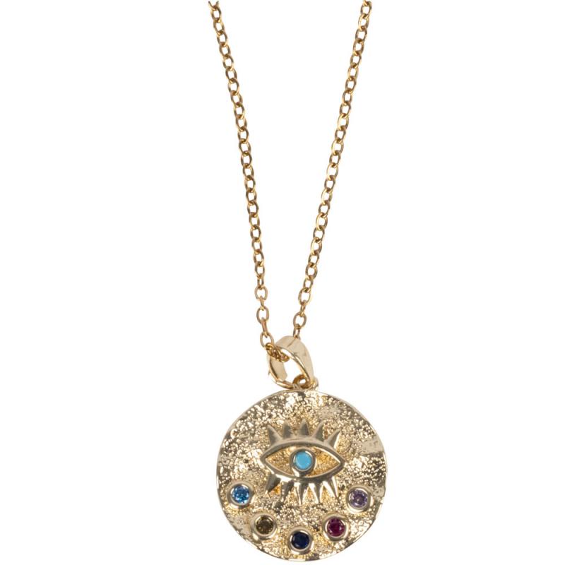 EVIL EYE W/ CZ STONES GOLD TONE STAINLESS STEEL NECKLACE