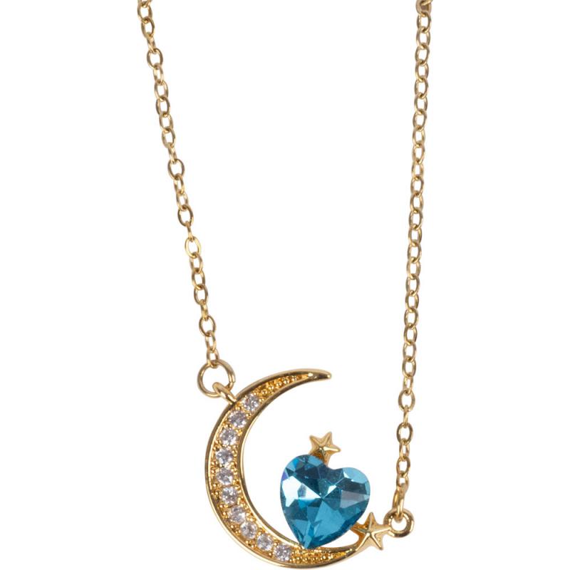 MOON & HEART W/ CZ STONES GOLD TONE STAINLESS STEEL NECKLACE
