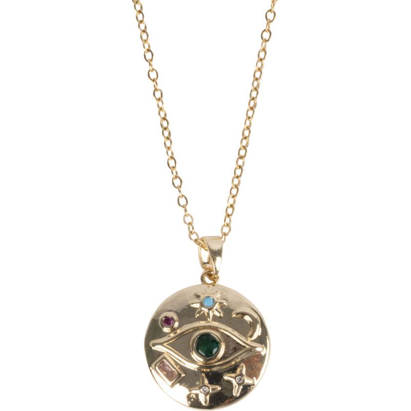 EVIL EYE W/ CZ STONES AND SYMBOLS GOLD TONE STAINLESS STEEL NECKLACE