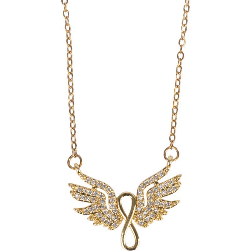INFINITY LOOP WITH WINGS CZ STONES GOLD TONE STAINLESS STEEL NECKLACE