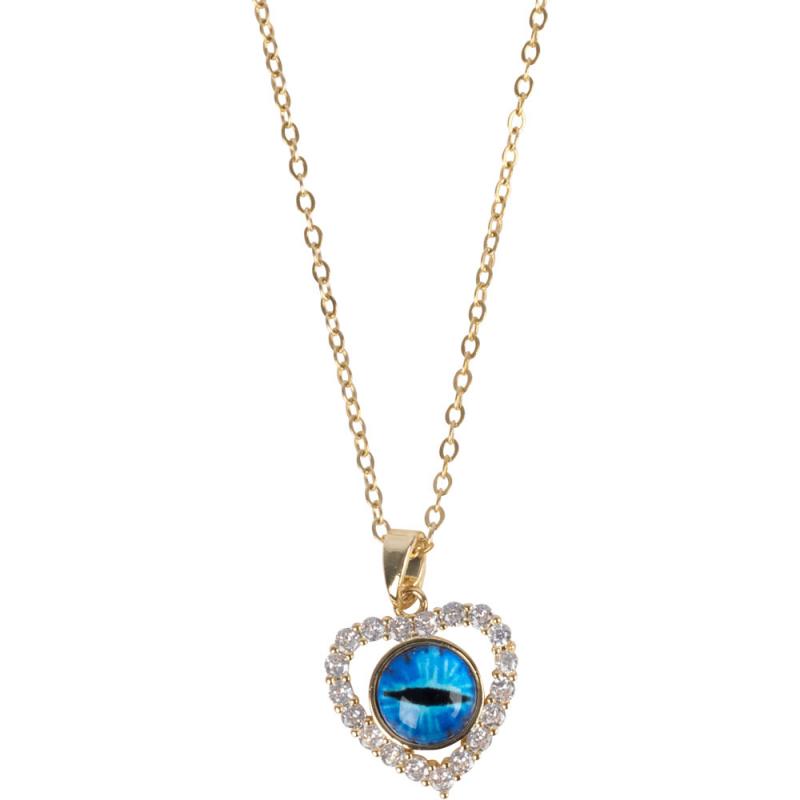 DRAGON EYE IN HEART W/ RHINESTONE GOLD TONE STAINLESS STEEL NECKLACE