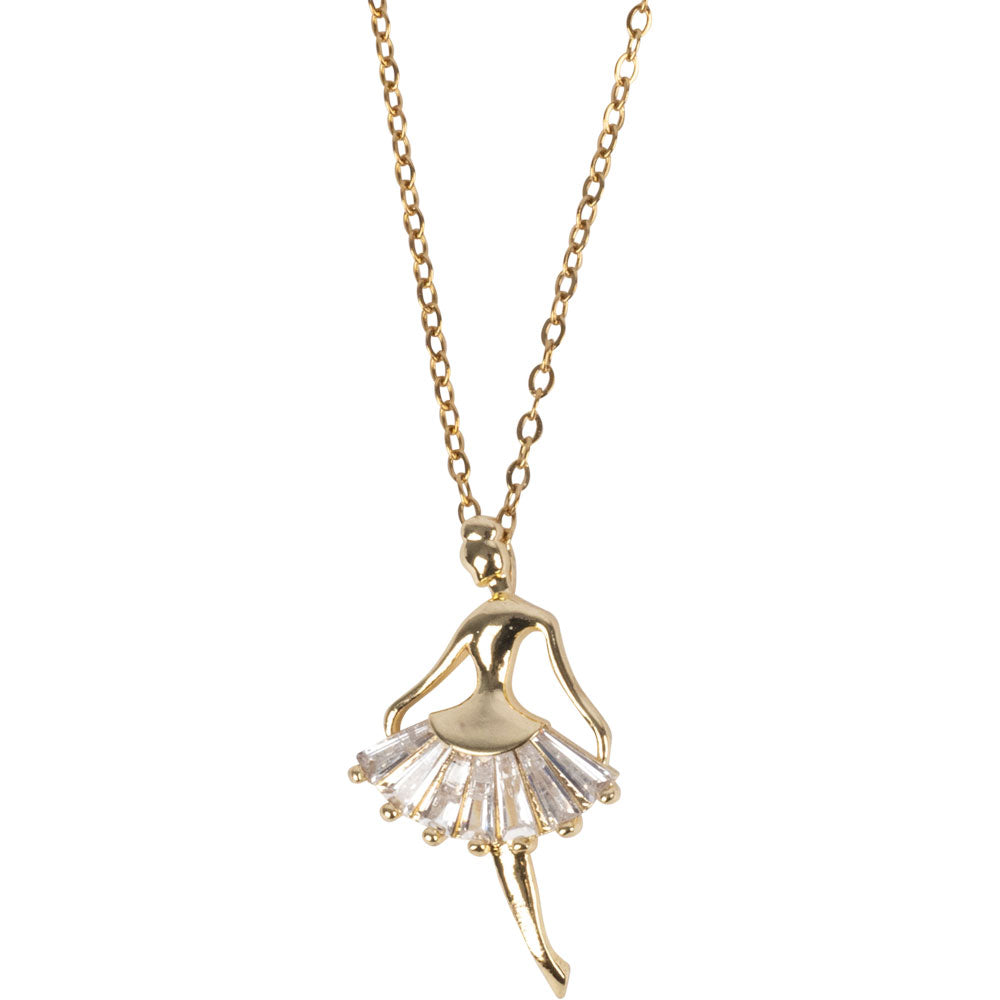 BALLERINA DANCER W/ CZ STONES GOLD TONE STAINLESS STEEL NECKLACE