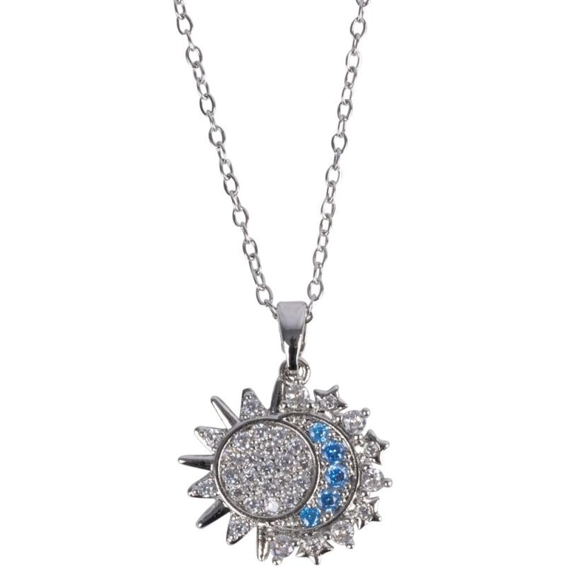 SUN & MOON W/ CZ STONES SILVER TONE STAINLESS STEEL NECKLACE