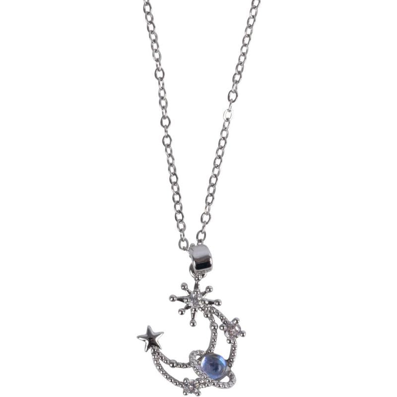 MOON, STARS & SATURN W/ CZ Stones SILVER TONE STAINLESS STEEL NECKLACE