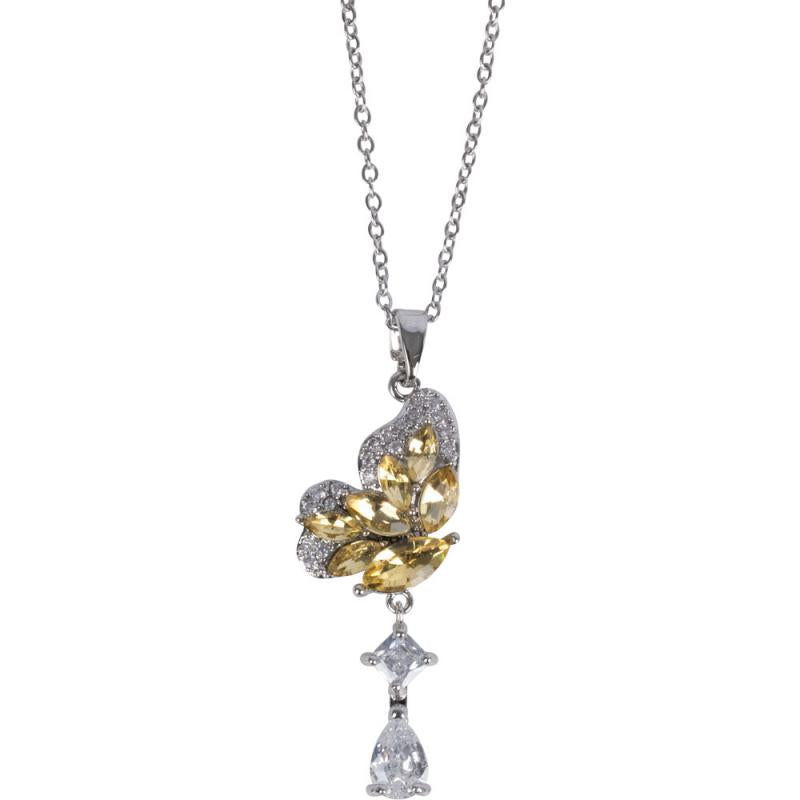 BUTTERFLY WITH TEAR DROP W/ CZ Stones SILVER TONE STAINLESS STEEL NECKLACE