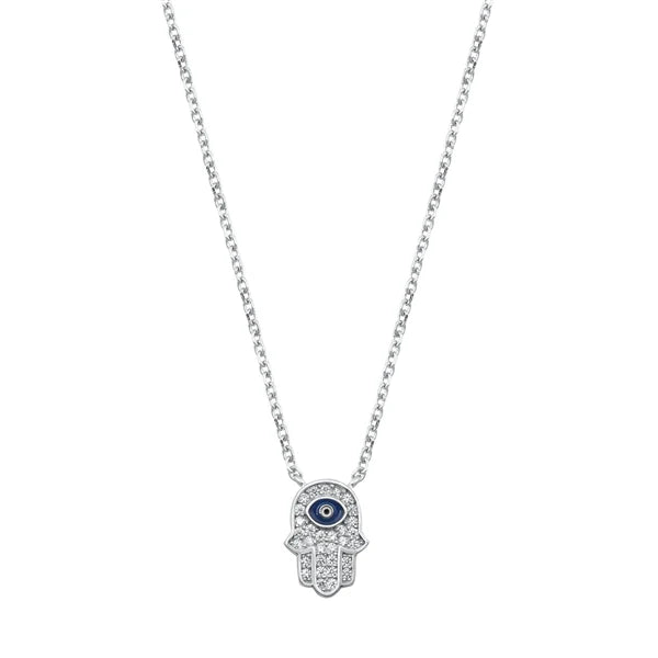 Hamsa Evil Eye CZ Stones .925 Sterling Silver Necklace