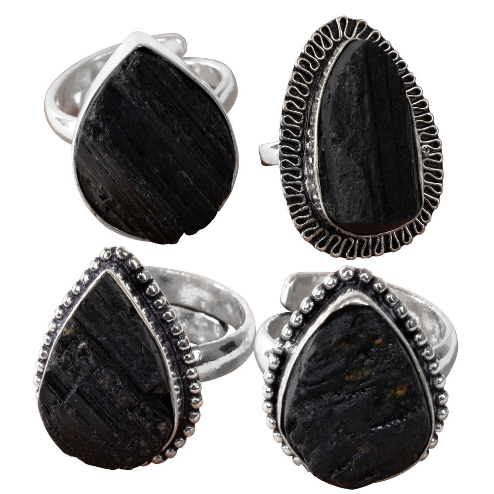 Black Tourmaline Raw Adjustable Ring - Brass