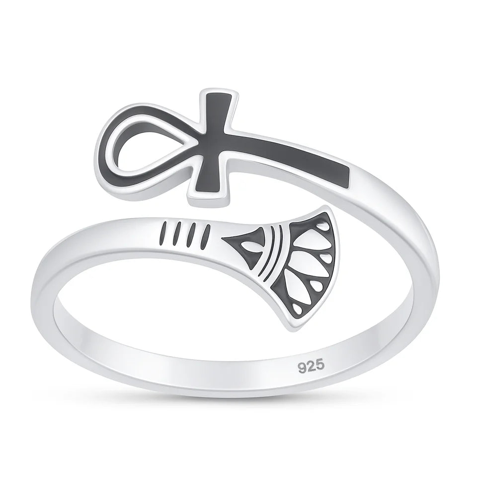 Ankh & Lotus .925 Sterling Silver Ring Size 5