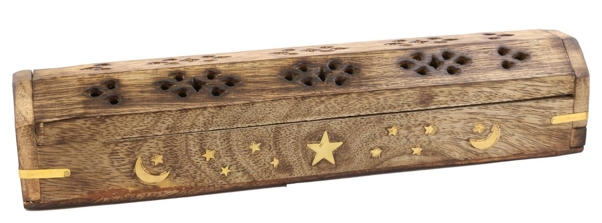 MOON & STAR WOODEN INCENSE COFFIN BOX (12″)