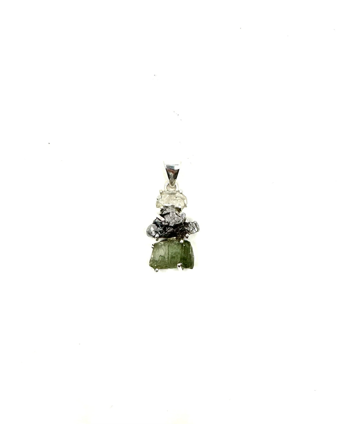 Moldavite Meteorite Herkimer Diamond Quartz .925 Sterling Silver Pendant