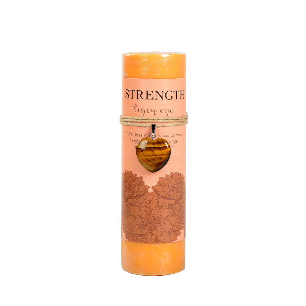 Strength Scented Candle with Tiger Eye Heart Shaped Crystal Charm at Namaste Bookshop near Union Square, NYC