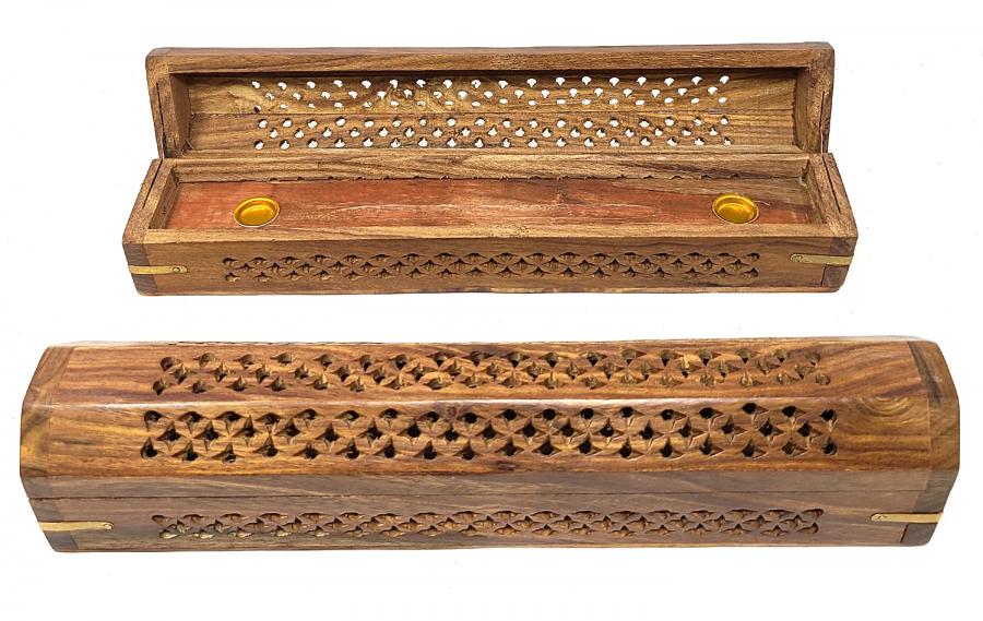 Carved Wood Incense Box Burner 12"L