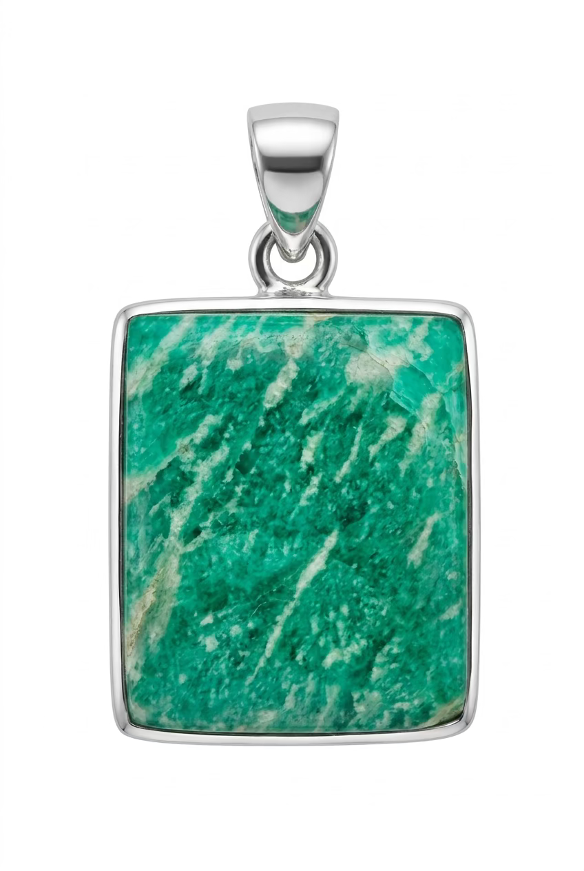 Amazonite Cabochon Sterling Silver Pendant – soothing blue-green crystal jewelry with smooth cabochon cut, promoting calm and communication.