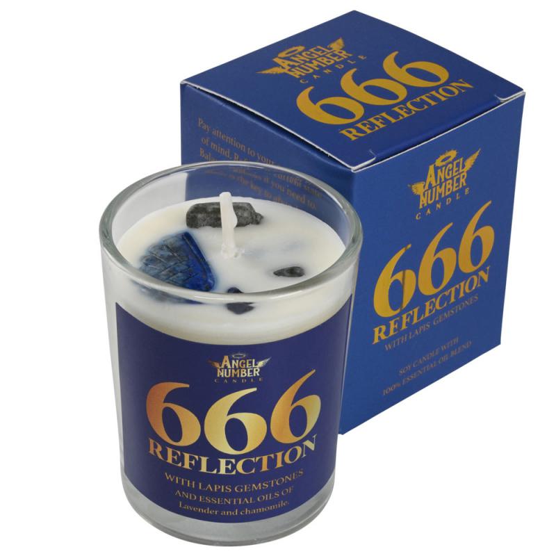 Angel Number 666 Reflection Candle with Lapis Gemstones at Namaste Bookshop near Union Square, NYC