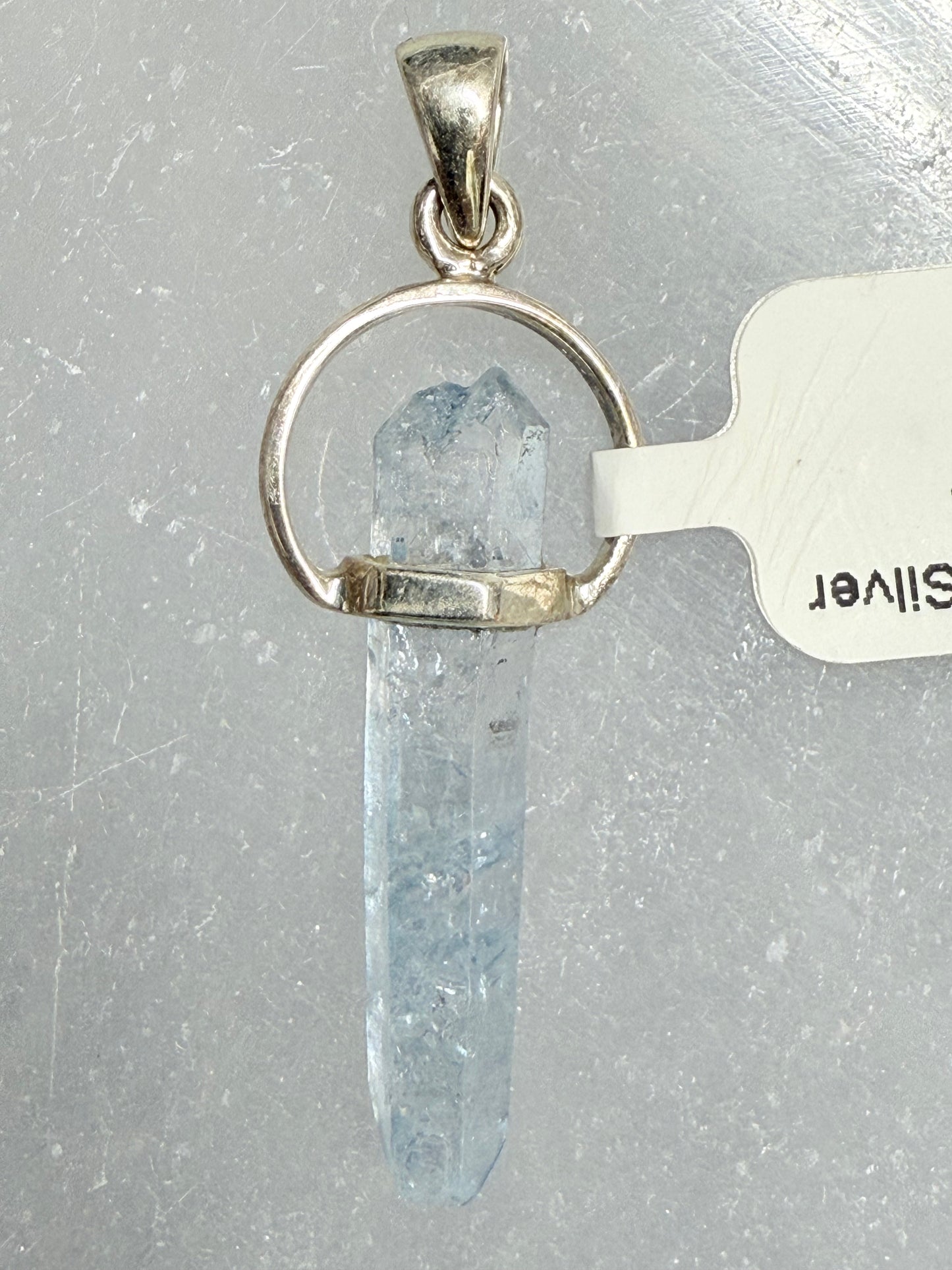 Aqua Aura Quartz Point Sterling Silver Pendant – radiant blue crystal jewelry featuring quartz point known for healing, clarity, and positive energy.
