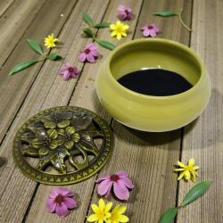Yellow Ceramic Incense Burner Bowl with Floral Lid – 3.75” Charcoal Incense Burner with Fireproof Felt Pad